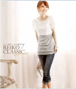 Korean Color Block Lengthened T-shirt Light Grey
