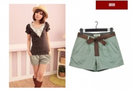 High Quality Pure Collar Pleat Shorts With Belt Green